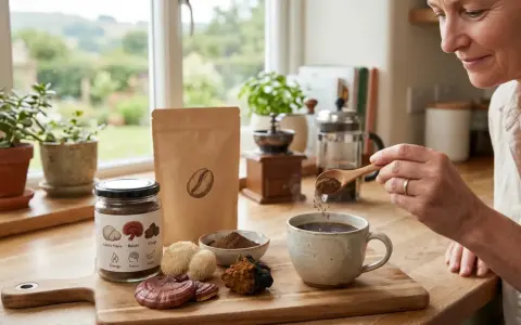 Une femme ajoute une cuillère de poudre à sa tasse de café, entourée de champignons médicinaux comme le chaga, pour profiter de ses bienfaits.