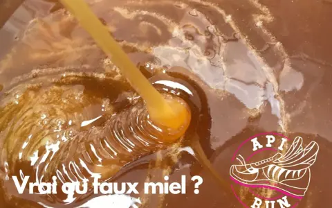Goutte de miel cru bio, onctueux et doré, tombant dans un pot. Le texte "Vrai ou faux miel ?" interroge sur son authenticité.
