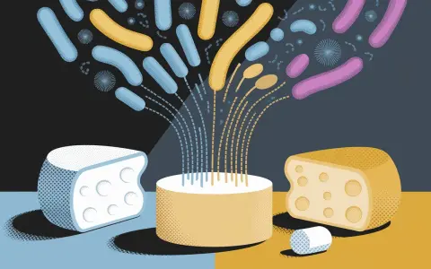 Des bactéries colorées s'échappent d'un cylindre, symbolisant la fermentation des fromages.