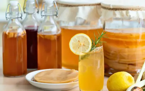 Verre de kombucha rafraîchissant, entouré de bouteilles et de bocaux, rappelant l'origine de cette boisson fermentée.