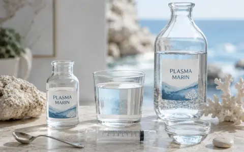 Bouteilles et verre de Plasma Marin, évoquant les bienfaits de l'eau de Quinton. Une seringue et une cuillère suggèrent une utilisation thérapeutique.