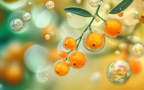 Baies d'argousier riches en oméga 7, entourées de bulles lumineuses, évoquant la pureté et la vitalité.