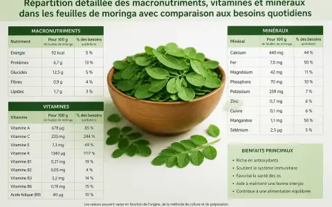 Feuilles de moringa dans un bol, avec un tableau détaillant les macronutriments, vitamines et minéraux. Les bienfaits principaux du moringa incluent son apport en antioxydants.