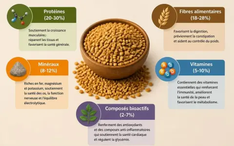 Graines de fenugrec dans un bol, entourées d'informations sur leurs bienfaits : protéines, fibres, minéraux, vitamines et composés bioactifs. Le fenugrec est une mine de nutriments.