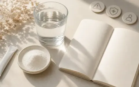 Poudre de collagène marin, verre d'eau, carnet ouvert et icônes de santé. Réflexion sur les dangers potentiels du collagène marin.