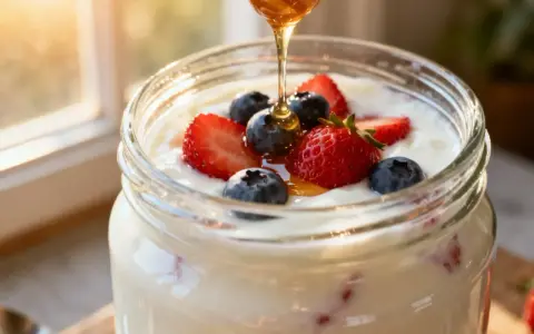 Un pot de yaourt aux ferments lactiques garni de fraises et myrtilles, arrosé de miel doré. Un délice matinal.