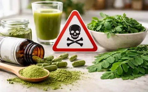 Attention au danger du moringa : pilules, poudre, jus et feuilles, avec un panneau de danger.