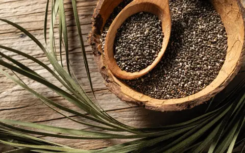 Graines de chia dans une écorce de noix de coco, une cuillère en bois remplie de ces petites graines. Un aliment idéal pour une femme enceinte.