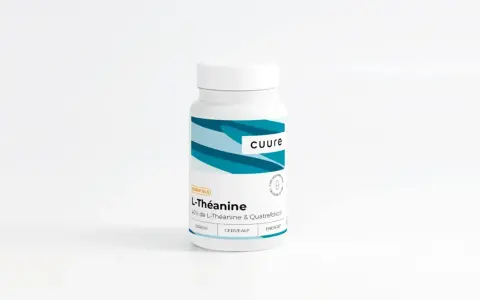 Flacon de L-Théanine "Cuure", 40% de L-Théanine & Quatrefolic®, pour le stress et le cerveau.