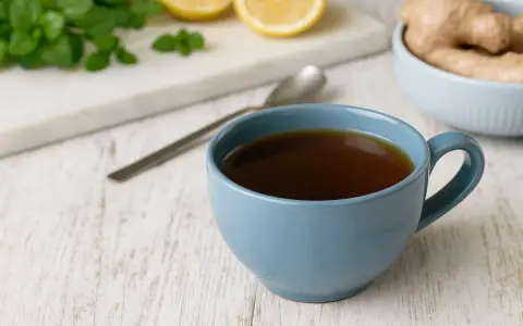 Une tasse de tisane pour mal de gorge, avec du gingembre, du citron et de la menthe à proximité.
