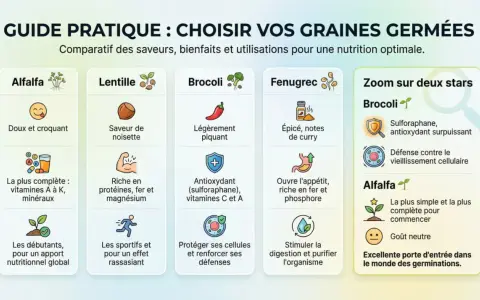 Guide comparatif des graines germées : Alfalfa, Lentille, Brocoli, Fenugrec. Zoom sur les bienfaits du brocoli et de l'alfalfa.