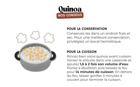 Une casserole de quinoa cuit, avec des volutes de vapeur. Le germe de quinoa est prêt à être dégusté.