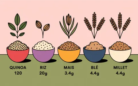 Cinq bols de céréales : quinoa, riz, maïs, blé, millet. Le quinoa, avec 120, peut causer une intolérance.