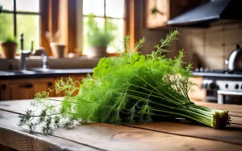 Un bouquet de fenouil sauvage frais, aux fines feuilles vertes, repose sur une table en bois rustique. La cuisine en arrière-plan suggère une préparation culinaire savoureuse.