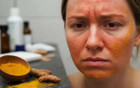 Visage marqué par des rougeurs et des boutons, avec des traces de cataplasme de curcuma. Des racines et de la poudre de curcuma sont visibles à côté.