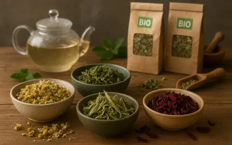 Comment faire une tisane : théière fumante, bols de camomille, verveine, hibiscus et herbes bio.
