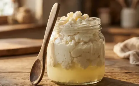 Grains de kéfir dans un bocal en verre, prêts à être utilisés pour préparer des aliments fermentés. Une cuillère en bois repose à côté.
