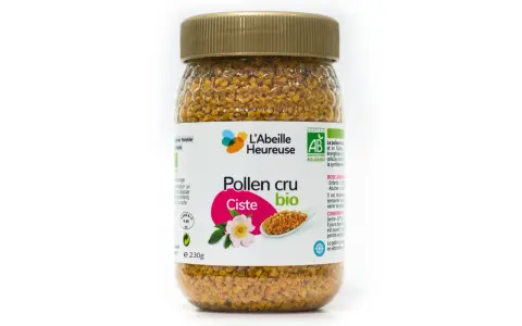 Pot de pollen cru bio de ciste, "L'Abeille Heureuse", 230g. Découvrez les pollen de ciste bienfaits pour votre bien-être.