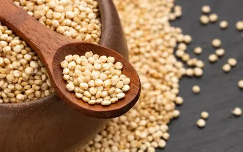 Une cuillère en bois remplie de quinoa cru, posée sur un bol débordant de ces graines nutritives.