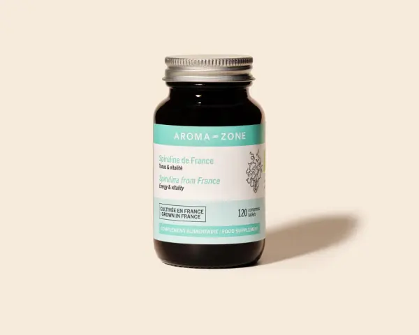 Bouteille de spiruline Aroma-Zone, 120 comprimés. Un complément alimentaire pour le tonus et la vitalité, avec un goût naturel de spiruline.