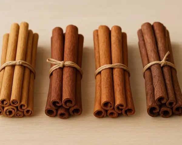 Quatre bouquets de bâtons de cannelle, liés par de la ficelle, sur un fond de bois clair. La cannelle exhale un parfum chaleureux.