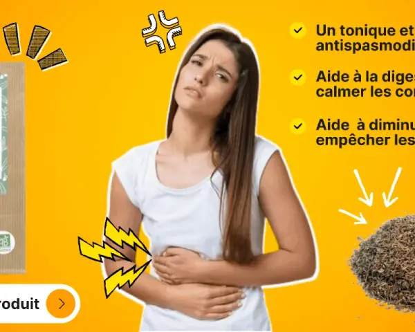 Une femme souffre de maux d'estomac. Le thym, aux nombreux bienfaits, est présenté comme une solution naturelle pour soulager les contractions et les gaz.