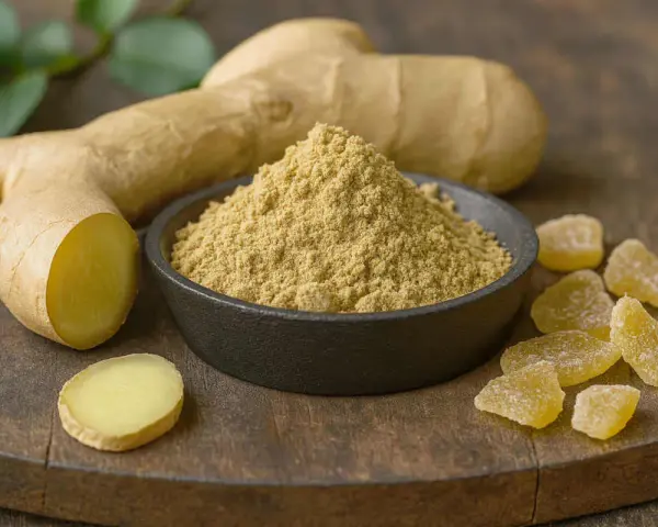 Gingembre cru, poudre et confit sur une planche en bois. Une racine de gingembre coupée révèle sa chair jaune vif.