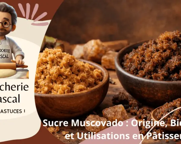 Deux bols de sucre muscovado, un ingrédient aux multiples bienfaits pour la pâtisserie. Un chef cartoon prépare de la pâte.