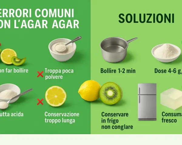 Erreurs courantes avec l'agar agar : ne pas faire bouillir, trop peu de poudre, fruits acides, longue conservation. Solutions : faire bouillir 1-2 min, dose 4-6 g/L, conserver au frais.