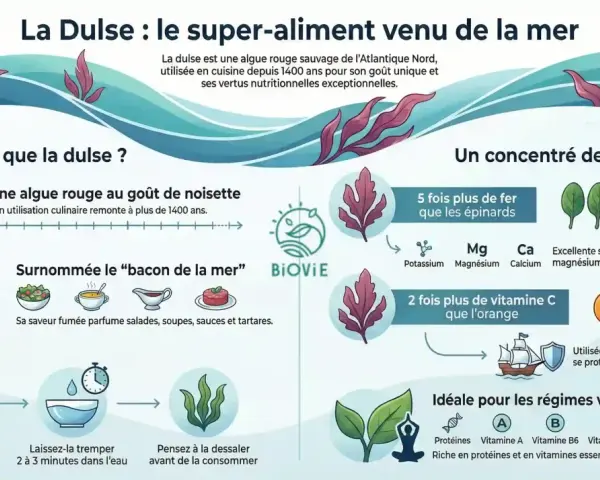 L'algue dulse, rouge et au goût de noisette, est un super-aliment de l'Atlantique Nord, surnommée "bacon de la mer". Elle est riche en fer et vitamine C.