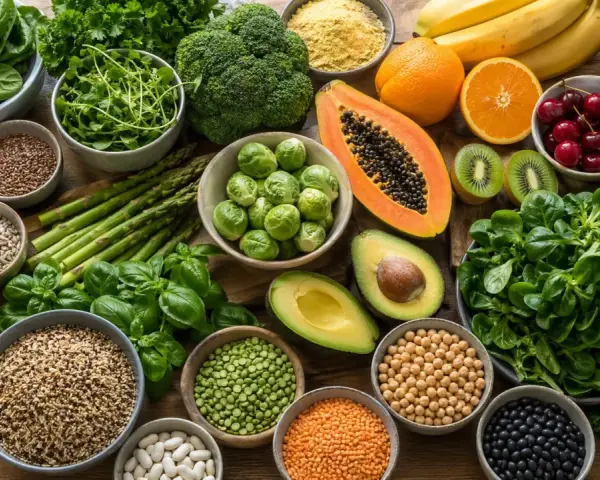 Assortiment de fruits et légumes frais, œufs, graines et légumineuses. Un festin coloré qui met en avant le bienfait de l'acide folique pour la santé.