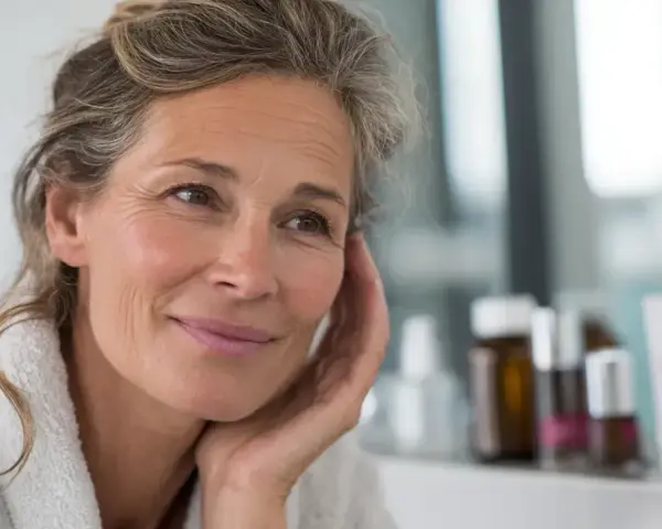 Une femme d'âge mûr, aux cheveux gris et portant une robe de chambre, se regarde dans le miroir. Elle a un sourire doux, comme si elle pensait à un trèfle rouge porte-bonheur.