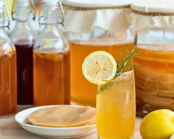 Verre de kombucha rafraîchissant, entouré de bouteilles et de bocaux, rappelant l'origine de cette boisson fermentée.
