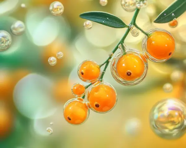 Baies d'argousier riches en oméga 7, entourées de bulles lumineuses, évoquant la pureté et la vitalité.