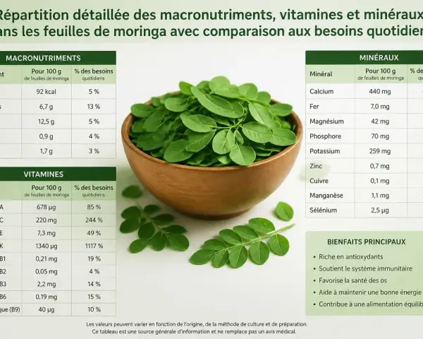 Feuilles de moringa dans un bol, avec un tableau détaillant les macronutriments, vitamines et minéraux. Les bienfaits principaux du moringa incluent son apport en antioxydants.