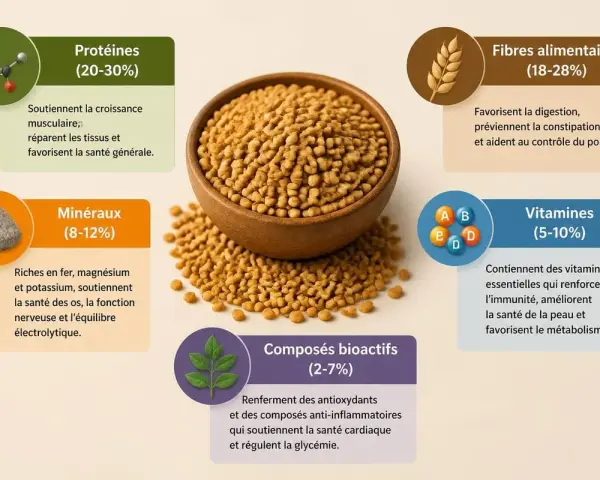 Graines de fenugrec dans un bol, entourées d'informations sur leurs bienfaits : protéines, fibres, minéraux, vitamines et composés bioactifs. Le fenugrec est une mine de nutriments.