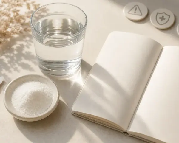 Poudre de collagène marin, verre d'eau, carnet ouvert et icônes de santé. Réflexion sur les dangers potentiels du collagène marin.