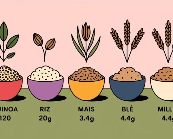 Cinq bols de céréales : quinoa, riz, maïs, blé, millet. Le quinoa, avec 120, peut causer une intolérance.