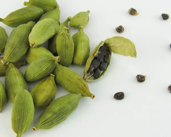 Gousses de cardamome verte, une ouverte révélant ses graines noires. Découvrez les cardamome bienfaits pour la santé et la cuisine.