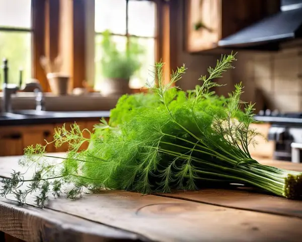 Un bouquet de fenouil sauvage frais, aux fines feuilles vertes, repose sur une table en bois rustique. La cuisine en arrière-plan suggère une préparation culinaire savoureuse.