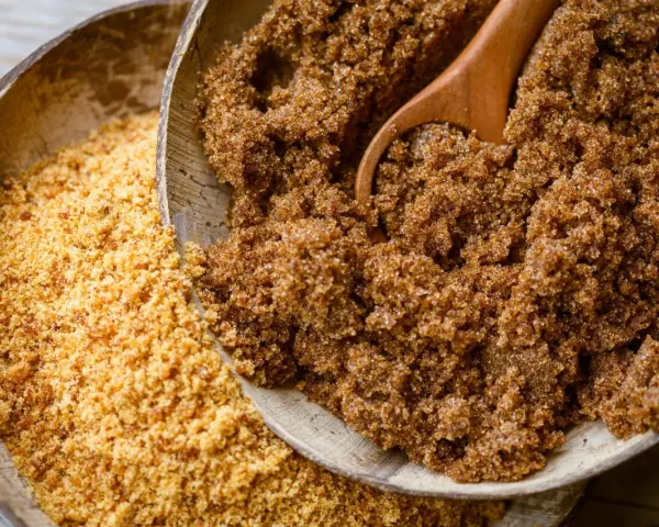 Deux bols en bois remplis de sucre : l'un de rapadura, l'autre de sucre de coco.