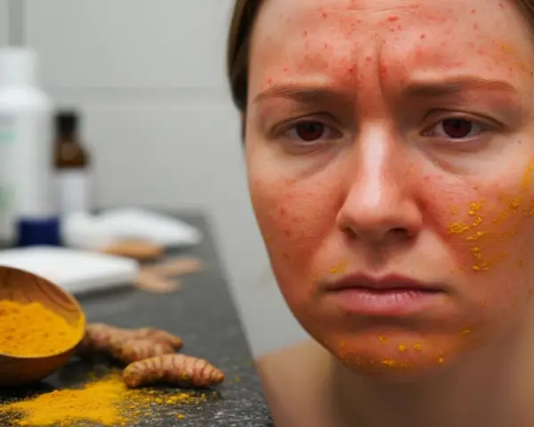 Visage marqué par des rougeurs et des boutons, avec des traces de cataplasme de curcuma. Des racines et de la poudre de curcuma sont visibles à côté.