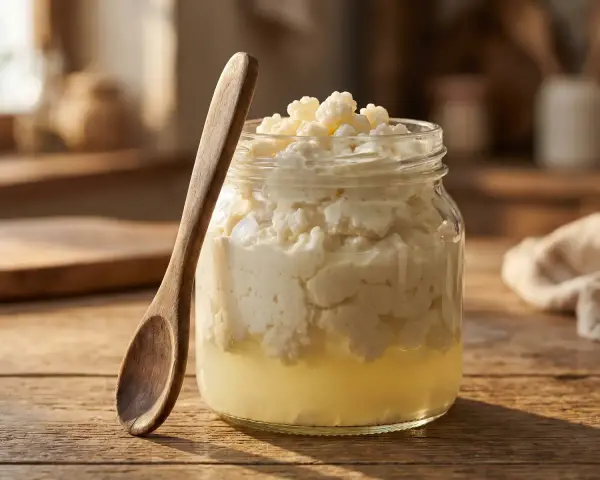 Grains de kéfir dans un bocal en verre, prêts à être utilisés pour préparer des aliments fermentés. Une cuillère en bois repose à côté.
