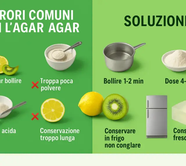 Erreurs courantes avec l'agar agar : ne pas faire bouillir, trop peu de poudre, fruits acides, longue conservation. Solutions : faire bouillir 1-2 min, dose 4-6 g/L, conserver au frais.