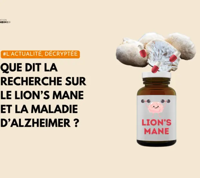 Champignon Lion's Mane et pilules, suggérant une recherche sur ses bienfaits pour la maladie d'Alzheimer.