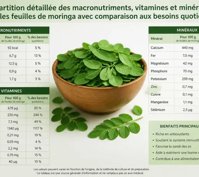 Feuilles de moringa dans un bol, avec un tableau détaillant les macronutriments, vitamines et minéraux. Les bienfaits principaux du moringa incluent son apport en antioxydants.