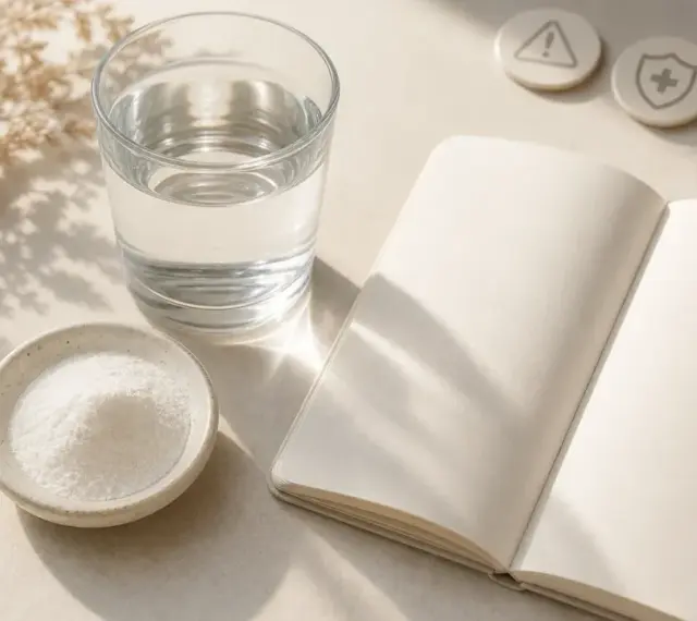 Poudre de collagène marin, verre d'eau, carnet ouvert et icônes de santé. Réflexion sur les dangers potentiels du collagène marin.