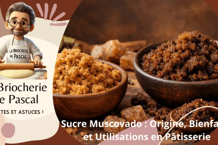 Deux bols de sucre muscovado, un ingrédient aux multiples bienfaits pour la pâtisserie. Un chef cartoon prépare de la pâte.