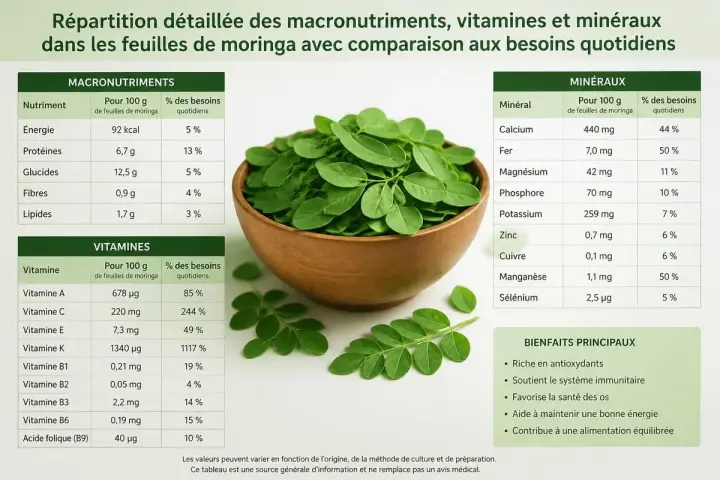 Feuilles de moringa dans un bol, avec un tableau détaillant les macronutriments, vitamines et minéraux. Les bienfaits principaux du moringa incluent son apport en antioxydants.