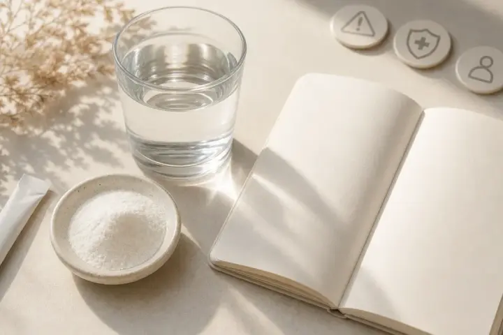 Poudre de collagène marin, verre d'eau, carnet ouvert et icônes de santé. Réflexion sur les dangers potentiels du collagène marin.